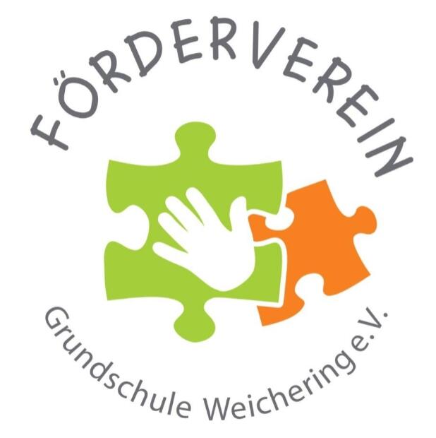 Logo des Fördervereins der Grundschule Weichering mit Farben Grün und Orange sowie einem Puzzlestück und einer Hand.
